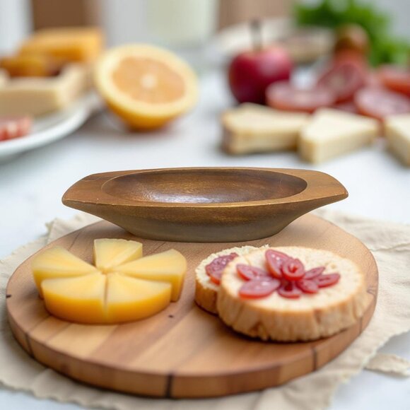 Vintage 6 Wooden Salad Bowl Set with 6 Napkin Rings Midcentury Oblong Bowls - Picture 6 of 11